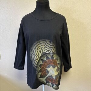 SABAKU Artsy  T-Shirt Top 3/4 Sleeve Small Tribal Graphic Tee Aztec Unique Funky